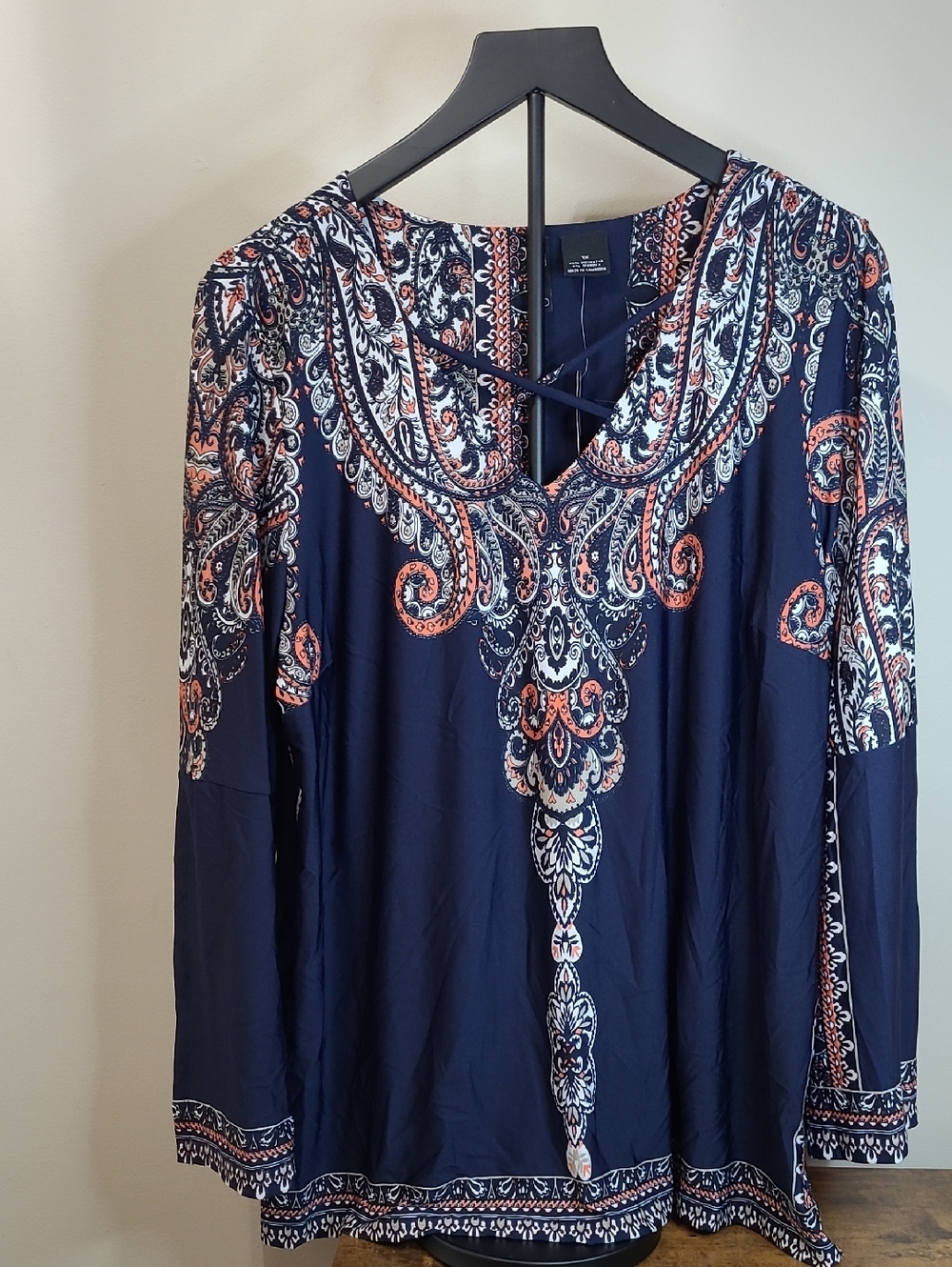 NWT New Directions Navy Blue & Paisley Print Open Sleeve Blouse size 1X
